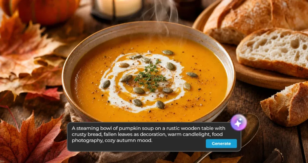 Steaming bowl of pumpkin soup garnished with cream swirl and pepitas, served with crusty bread on a rustic wooden table with autumn leaves, and an AI prompt overlay for the cozy scene.
