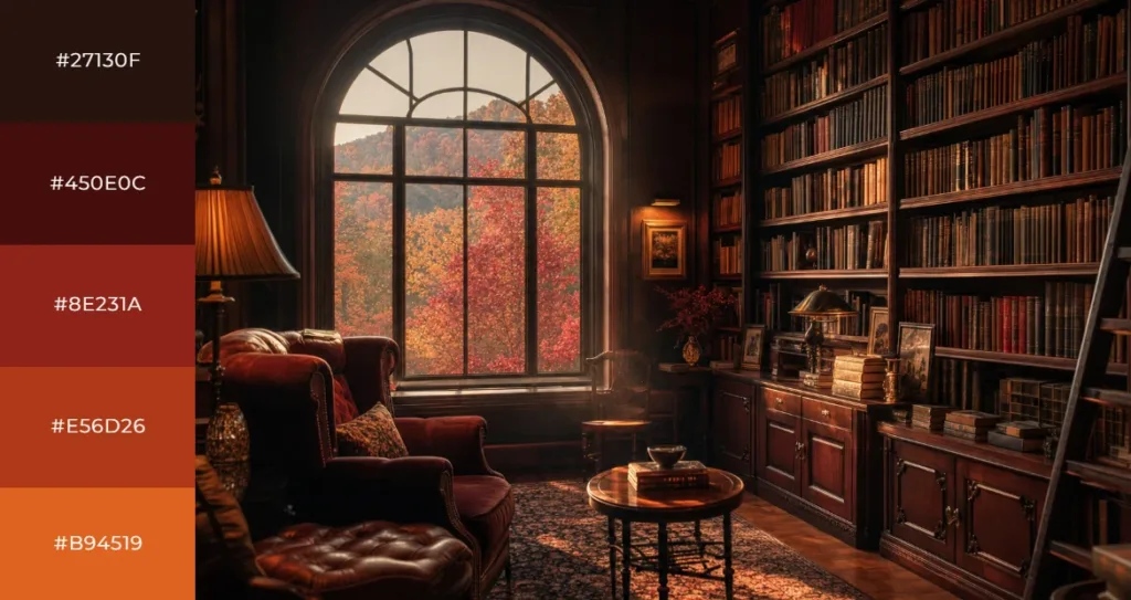 Deep burgundy and cranberry color palette swatches beside an image of a cozy library room with a leather armchair and arched window overlooking red and orange autumn foliage