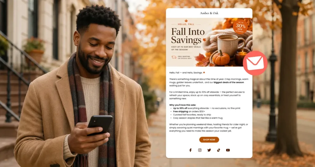 Man in a scarf and coat checking his phone on an autumn street, with an 'Amber & Oak' email marketing campaign displayed showing a 'Fall Into Savings' promotion with 30% off