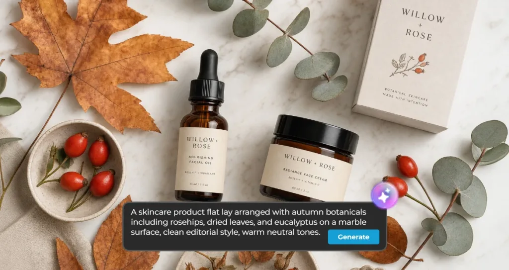 Editorial flatlay of 'Willow + Rose' skincare products including a facial oil, face cream, and packaging box, styled with rosehips, eucalyptus, and a dried autumn leaf, with an AI prompt overlay