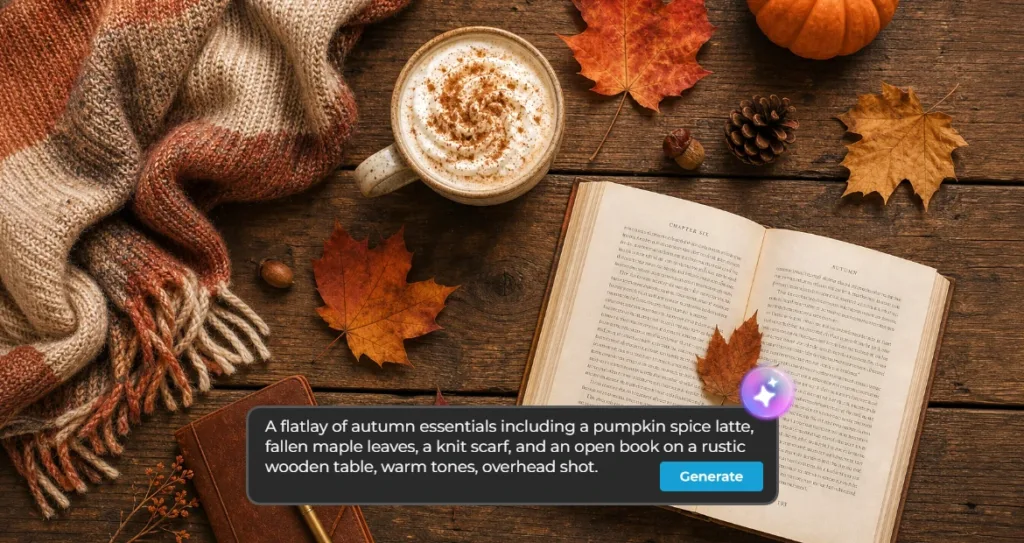 Overhead flatlay of autumn essentials on a wooden table, including a pumpkin spice latte, a knit scarf, an open book, and scattered fallen maple leaves, with an AI prompt overlay describing the scene.