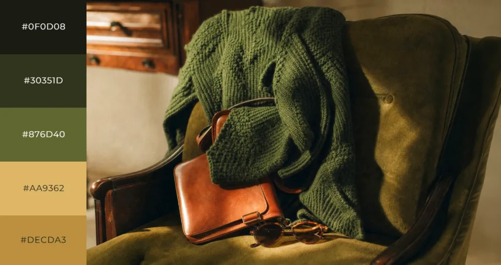 Forest green and olive color palette swatches beside a green velvet armchair draped with a knit sweater, a brown leather bag, and round sunglasses.