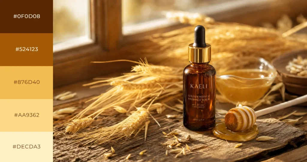 Golden yellow and amber color palette swatches beside a product photo of a 'Kaeli Golden Harvest Radiance Serum' bottle surrounded by wheat stalks, honey, and a honey dipper