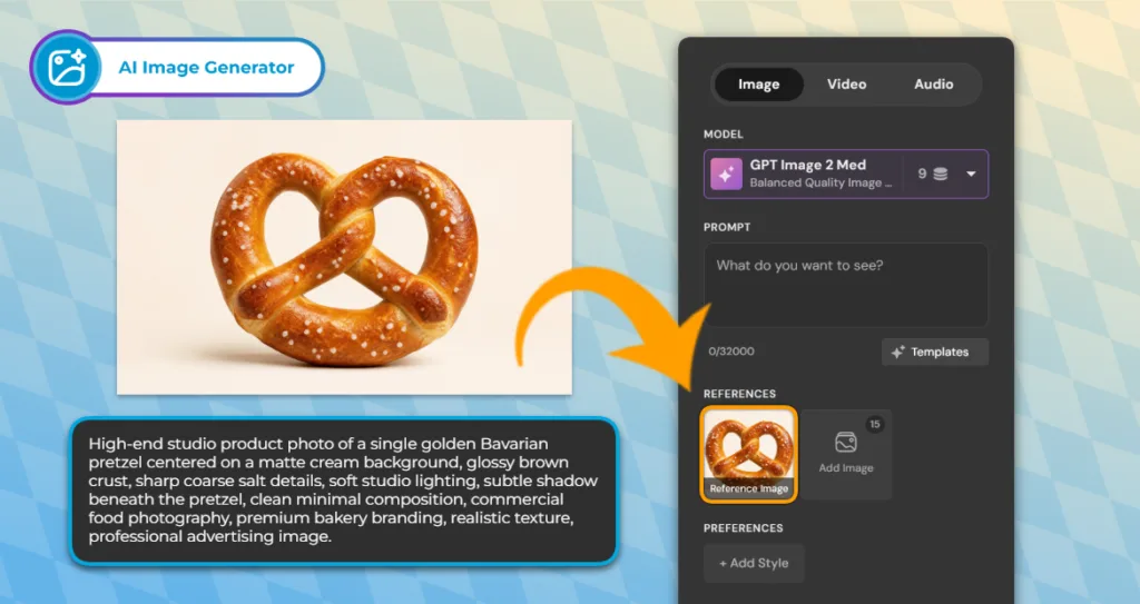 Pixlr AI Image Generator interface showing a pretzel reference photo and prompt used to create a studio product shot.