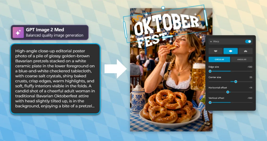 Pixlr AI editor showing an Oktoberfest pretzel photo prompt alongside the generated image with warp text editing tools applied.