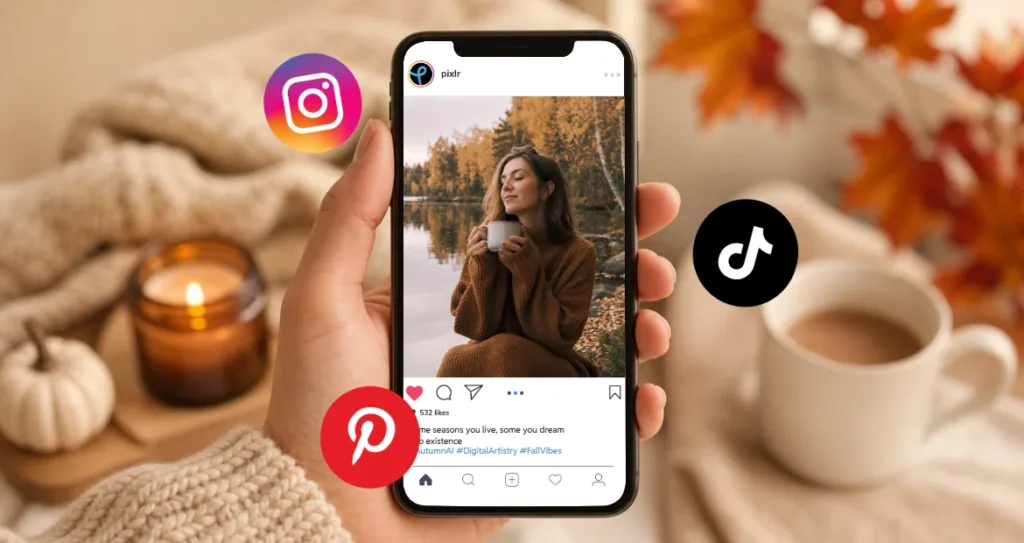 Hand holding a smartphone displaying a Pixlr Instagram post of a woman by a lake in a cozy sweater, surrounded by Instagram, Pinterest, and TikTok icons and a warm autumn background.