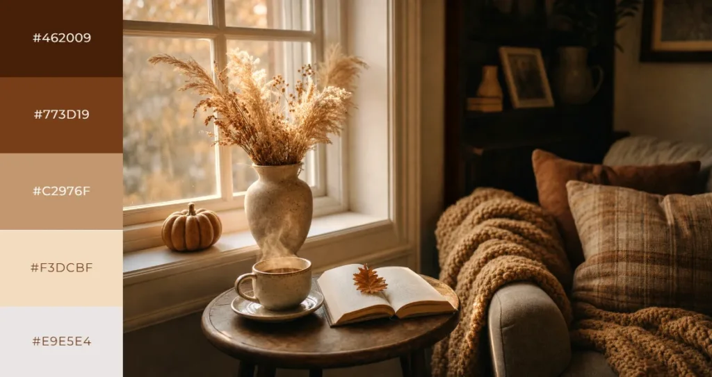 Warm brown and caramel color palette swatches beside a cozy reading nook with a steaming mug, open book, dried pampas grass in a vase, and a knit blanket on a sofa by a window.