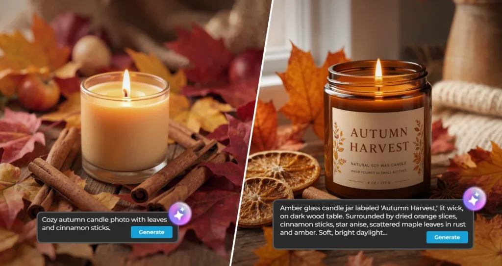 Side-by-side comparison of two AI-generated candle prompts: a simple prompt producing a plain candle with cinnamon sticks, versus a detailed prompt producing a labeled 'Autumn Harvest' candle with dried orange slices and star anise