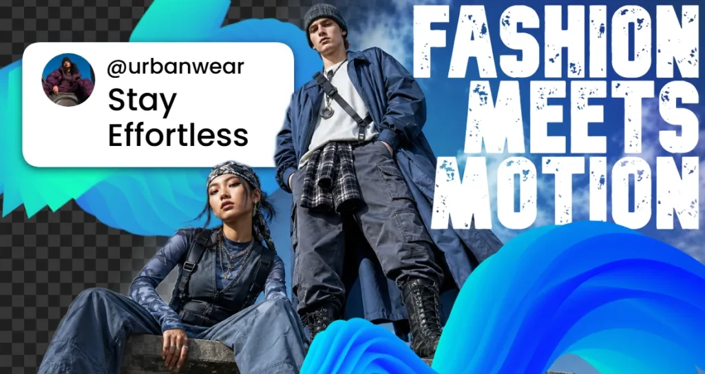Streetwear-style thumbnail of two models in urban fashion with a social media caption card and "Fashion Meets Motion" text overlay