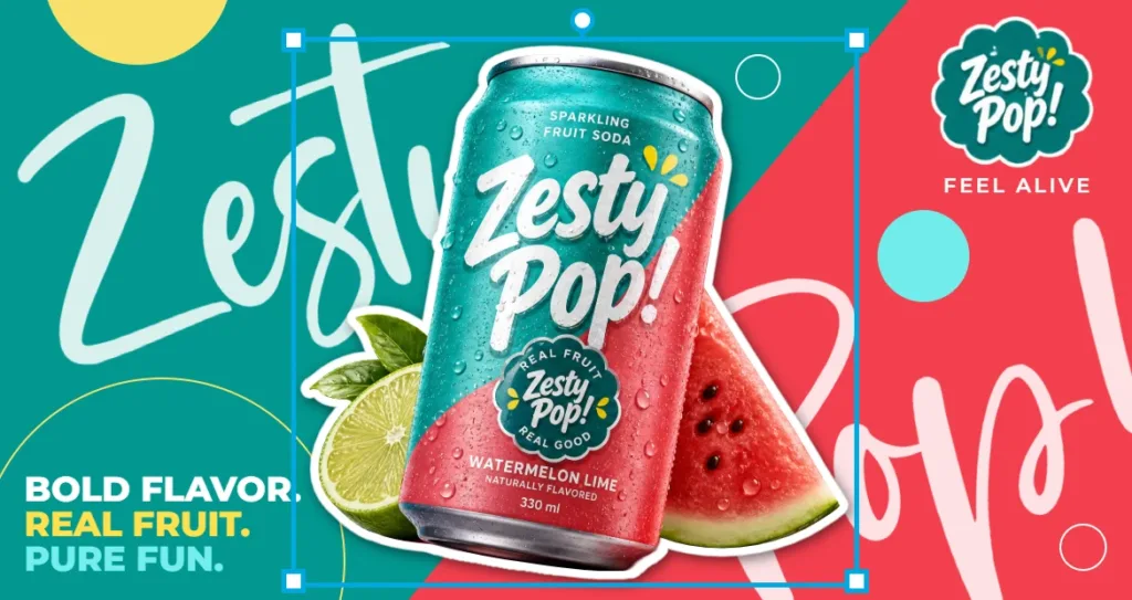 "Zesty Pop!" watermelon lime soda can ad design with lime and watermelon cutouts on a bold teal and coral background, with "Bold Flavor, Real Fruit, Pure Fun" text