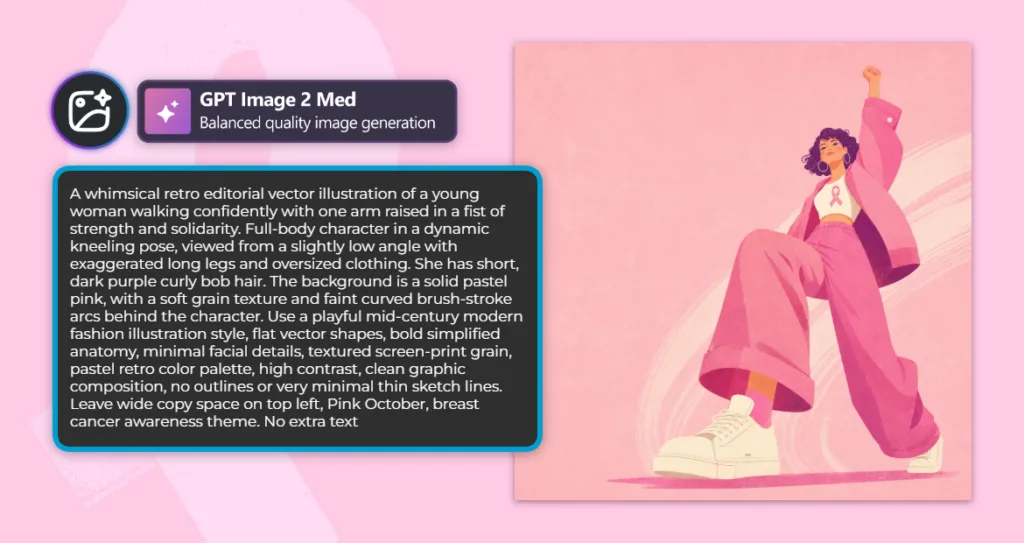 GPT Image 2 Med generating a retro-style illustrated woman in a power pose for a Pink October breast cancer awareness graphic, shown with the full prompt used