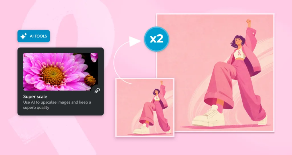 Pixlr's Super Scale AI tool upscaling the illustrated Pink October graphic to 2x resolution while preserving quality