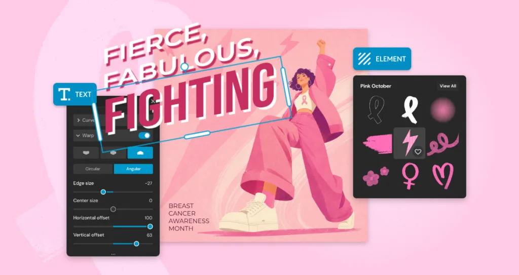 Pixlr's Text Warp and Element panels being used to add "Fierce, Fabulous, Fighting" text and Pink October ribbon graphics to the illustration