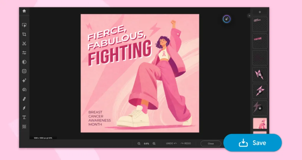Finished Pink October graphic ready to save in Pixlr's editor, with layers panel showing text and element additions for "Fierce, Fabulous, Fighting"