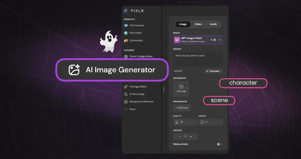 Pixlr AI Image Generator for prompting and creating horror scenes.