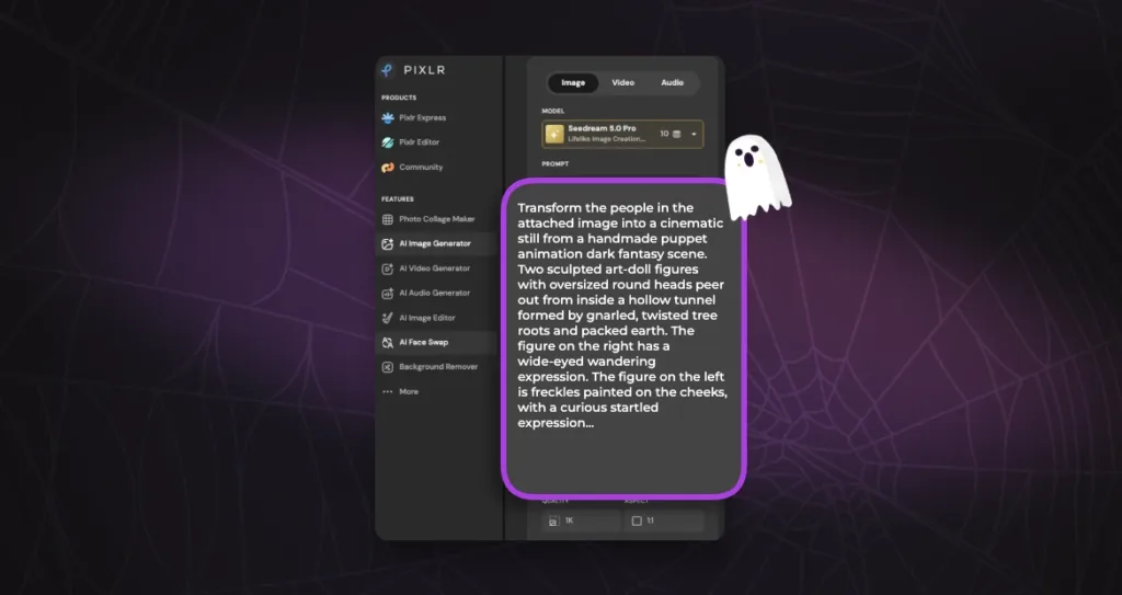 Pixlr AI Image Generator prompt box to type in a horror scene prompt.