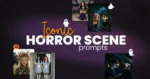 Iconic horror scene prompts collage with AI Halloween character examples.