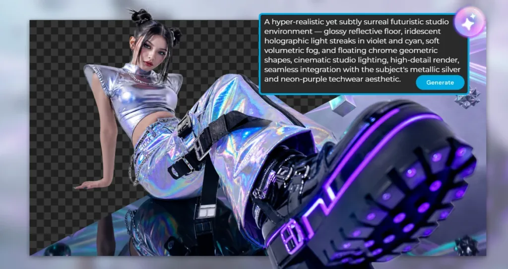 Person in metallic techwear outfit being placed into a new AI-generated holographic studio scene, shown with the generation prompt