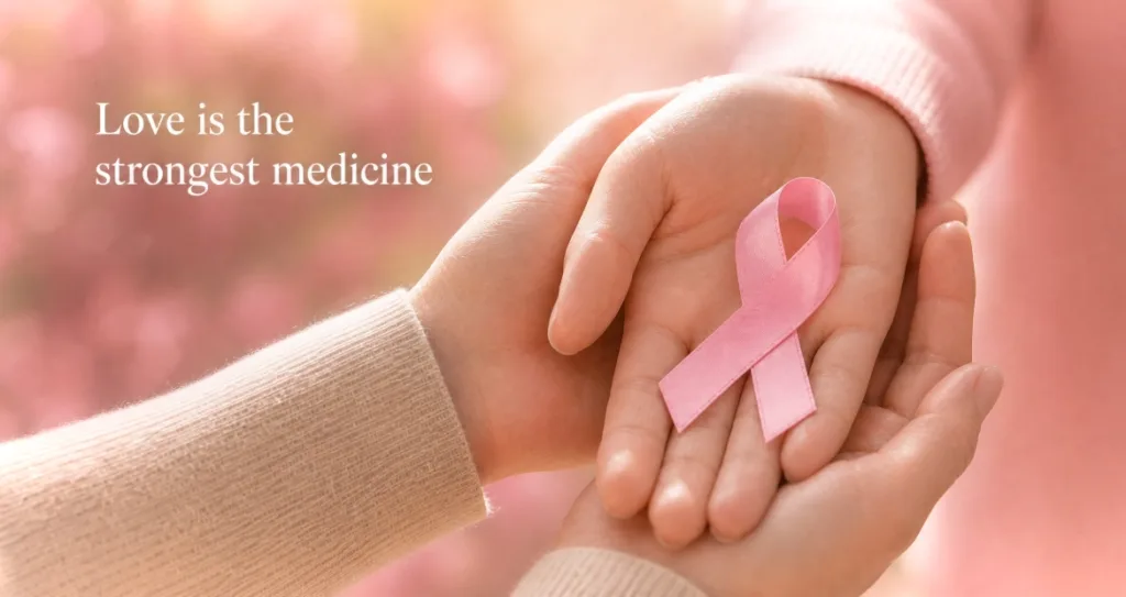 Two people's hands cupping a pink breast cancer awareness ribbon, with "Love is the strongest medicine" text overlay
