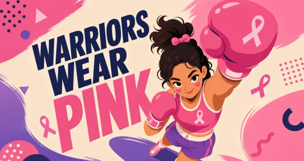 Illustrated girl in pink boxing gloves punching forward, with bold "Warriors Wear Pink" breast cancer awareness text