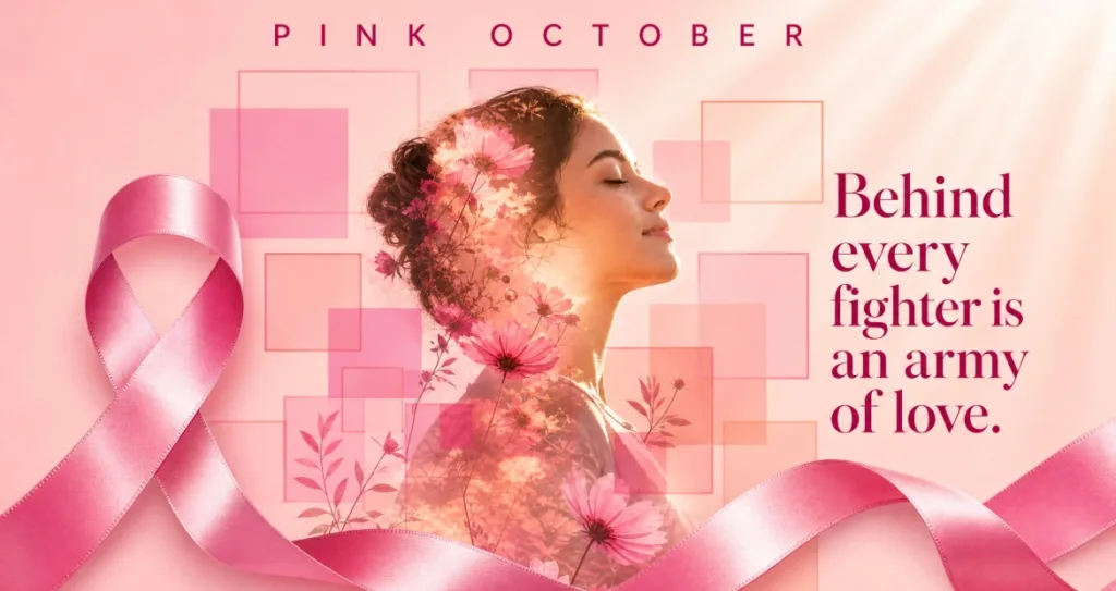 Double-exposure portrait of a woman blended with pink flowers alongside a breast cancer awareness ribbon, with "Behind every fighter is an army of love" Pink October text