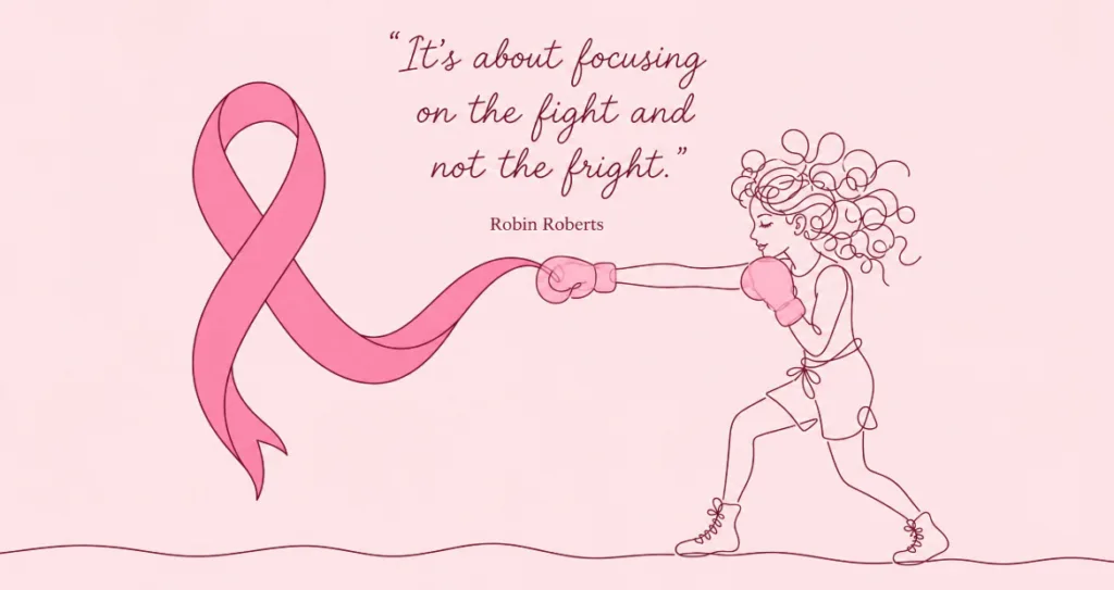Line-art illustration of a boxing ribbon morphing into a girl's glove, with a Robin Roberts quote: "It's about focusing on the fight and not the fright"